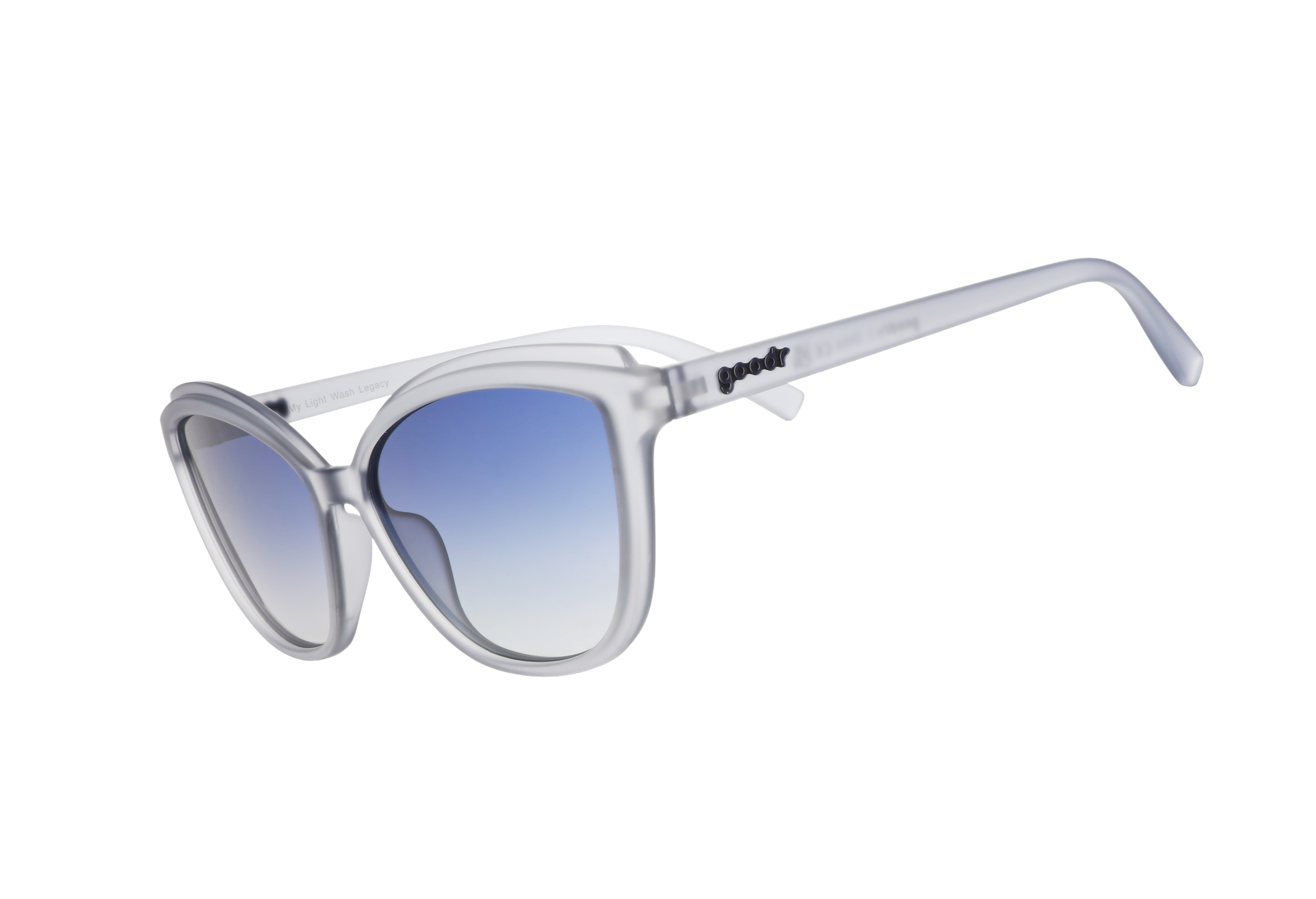 Sunglasses with gradient blue lenses on a white background