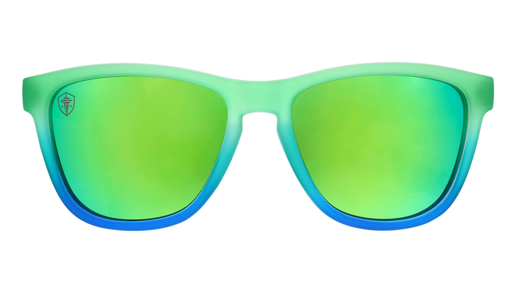 Front view of Seattle Sounders Major League Soccer sunglasses with green-blue front frame and green lenses.