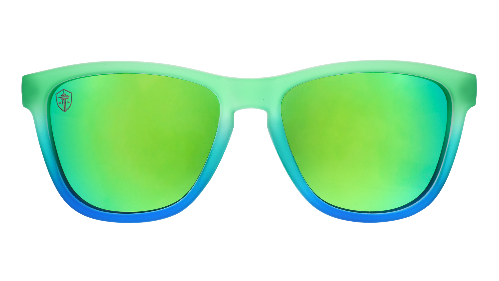 Front view of Seattle Sounders Major League Soccer sunglasses with green-blue front frame and green lenses.