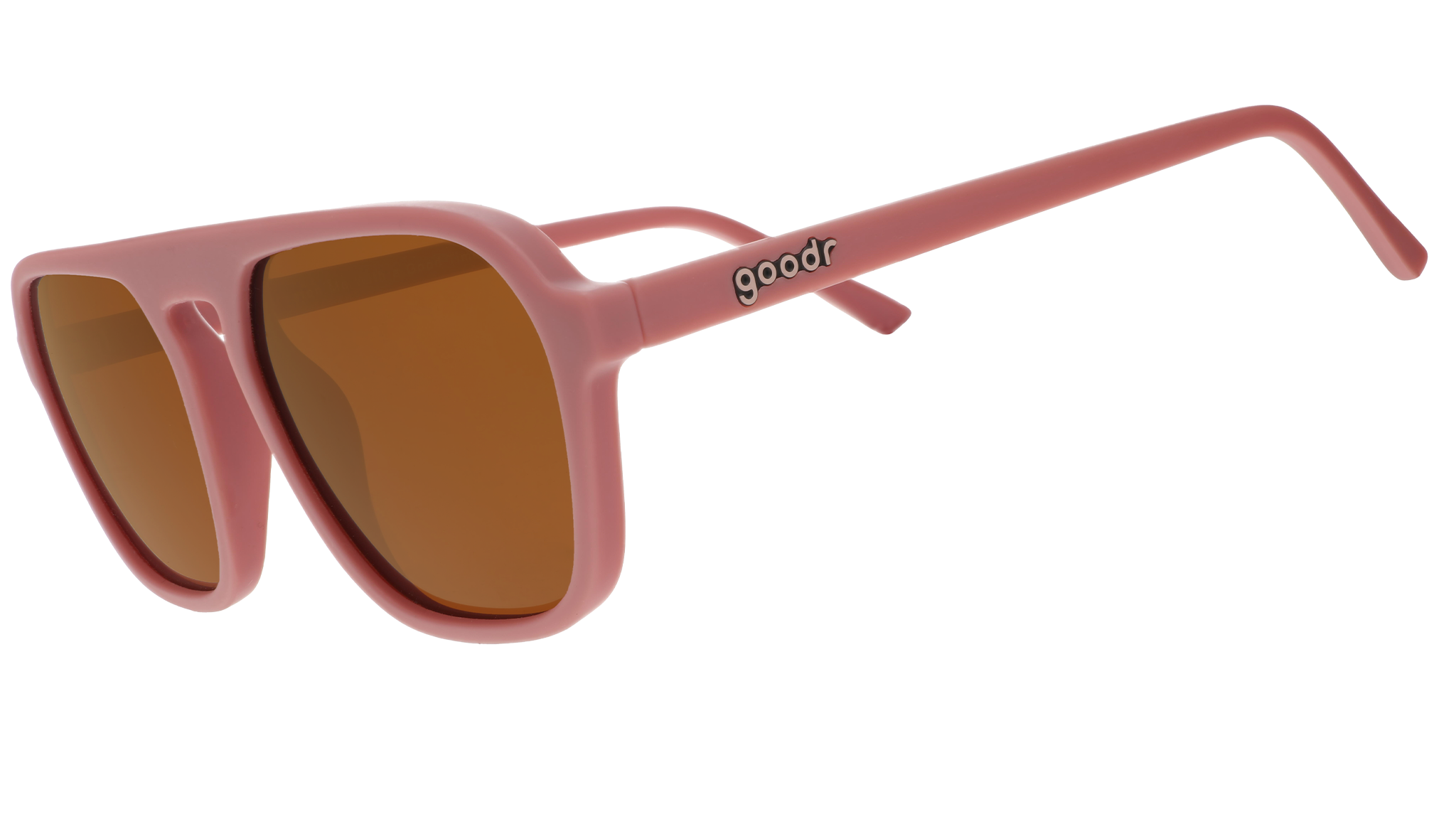 A pair of dusty rose pink goodr sunglasses with muted orange lenses on a white background.