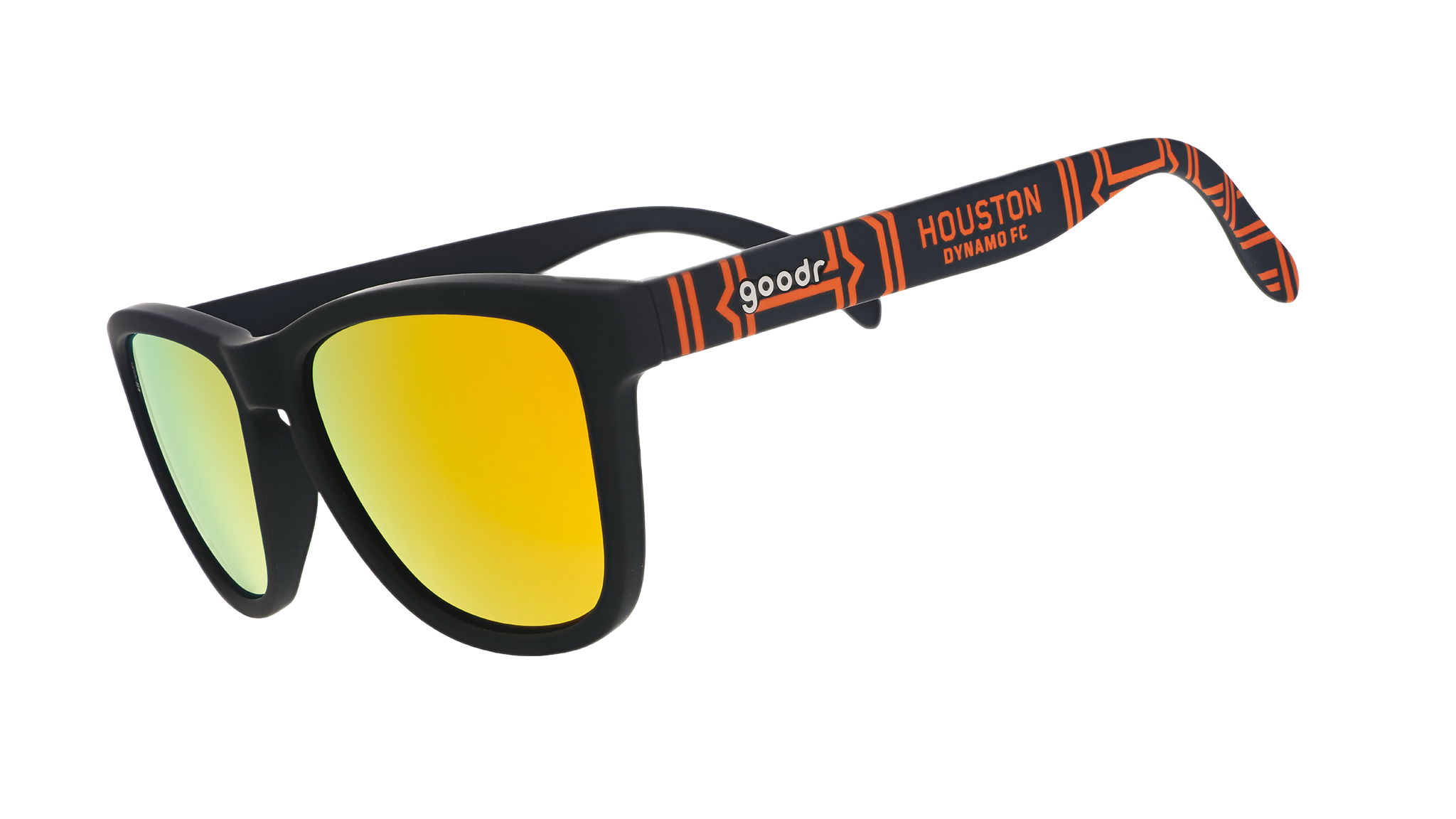 Three-quarter angle view of MLS Houston Dynamo FC shades tilted down. Black+orange frames. Amber reflective lenses.