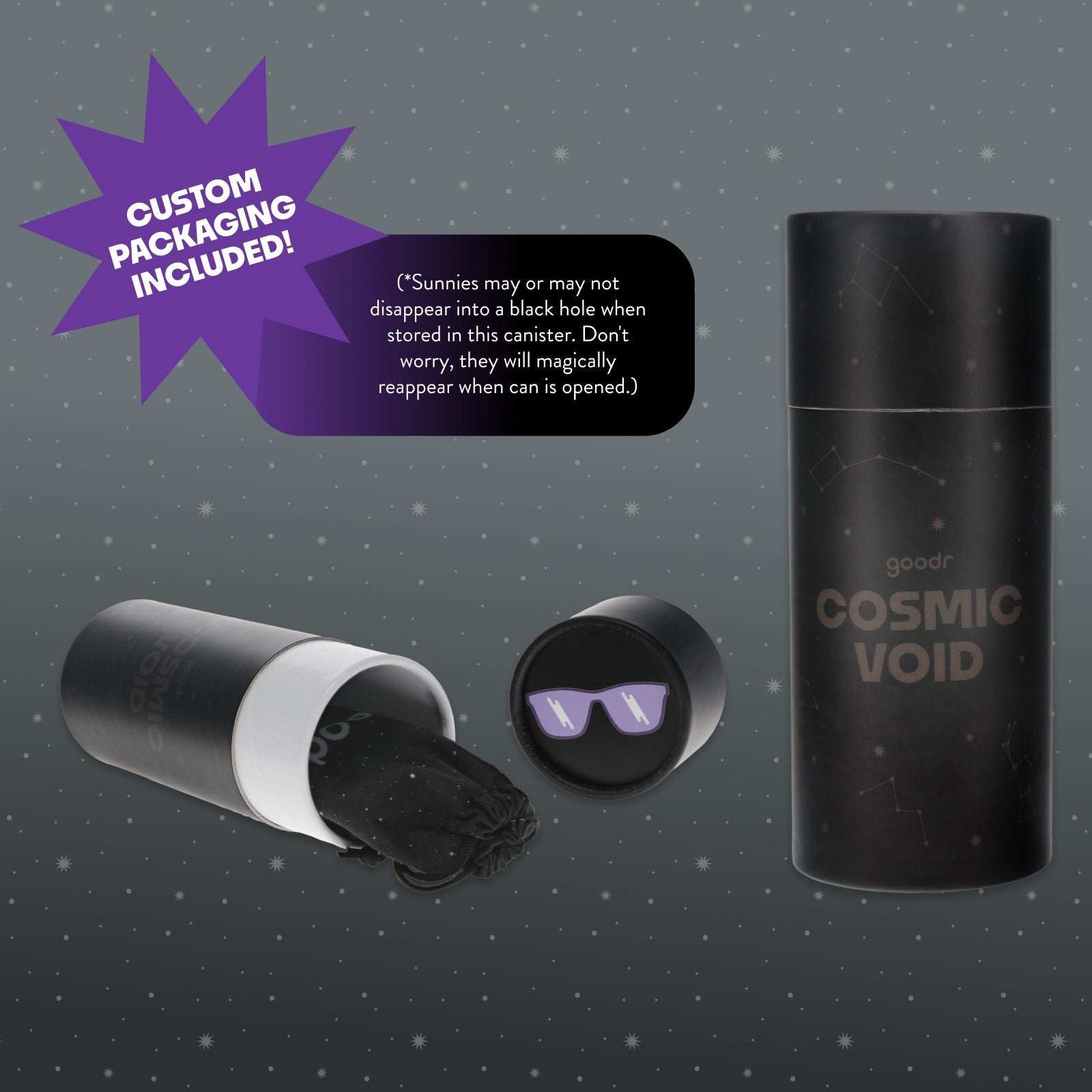 Shows custom black canister packaging with a starry black microfiber pouch against a gradient gray background with stars.