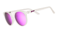 Three-quarter angle view of clear sunglasses with round reflective purple lenses.