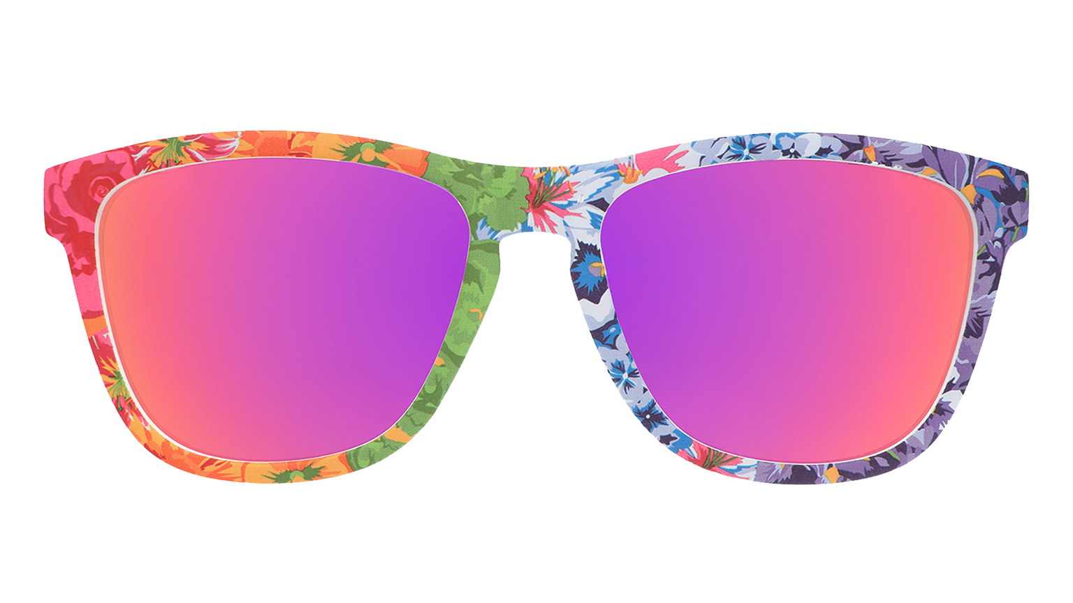 Front view of colorful floral print goodr sunglasses with purple reflective sunglasses.