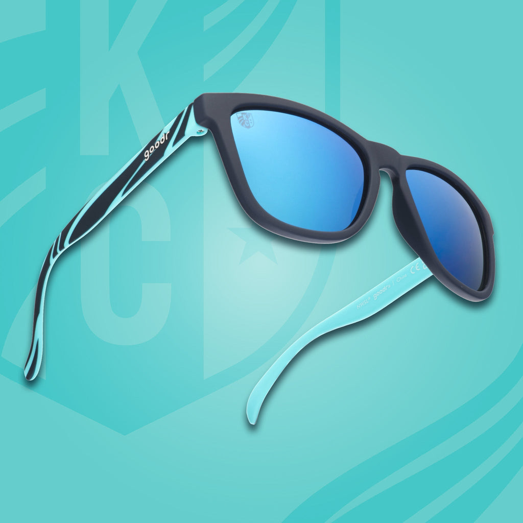 Right three-quarter angle view of teal and storm blue sunglasses with a river current pattern, teal lenses, and goodr logo.
