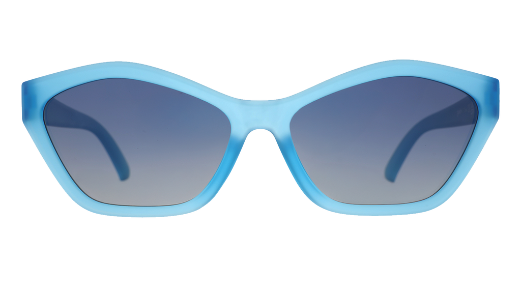 Front view of a pair of translucent blue geometric cat-eye Deco G sunnies with blue gradient lenses.