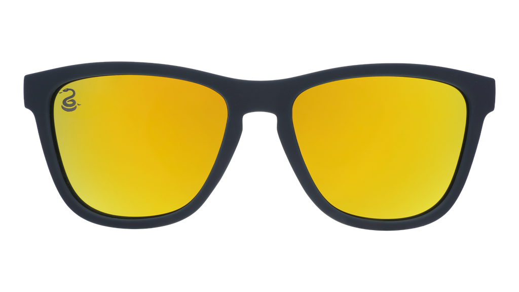Front view of Major League Soccer Philadelphia Union shades. Navy front frame. Gold reflective lenses.