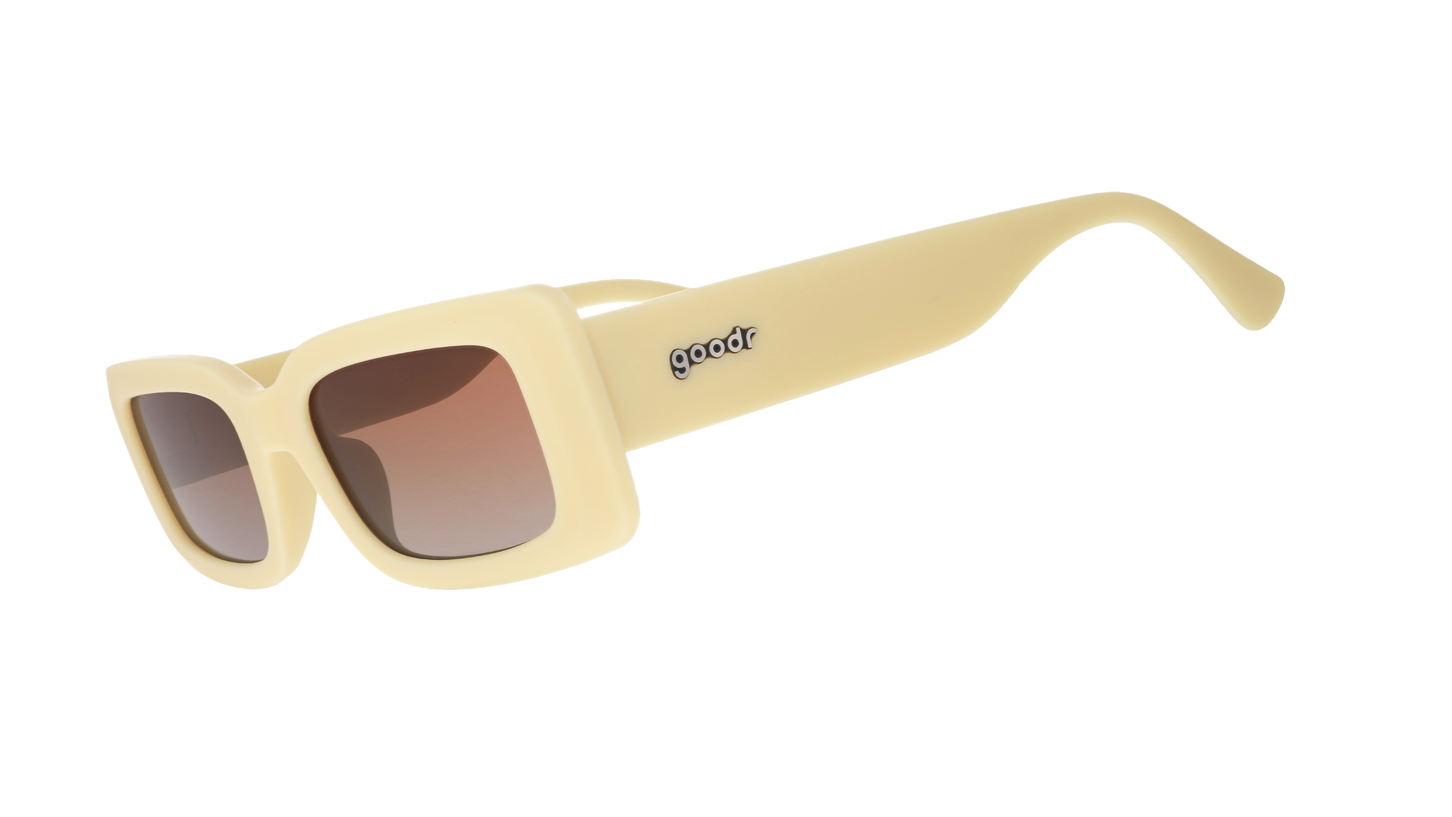 Three-quarter angle view of yellow rectangular sunglasses with brown-tinted polarized lenses against a white background.
