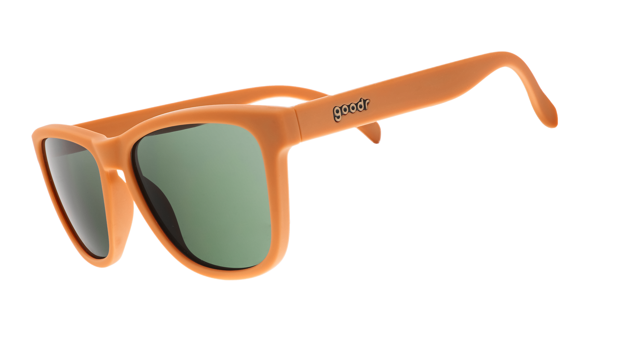 Three-quarter angle view of classic brown sunglasses with green non-reflective lenses.