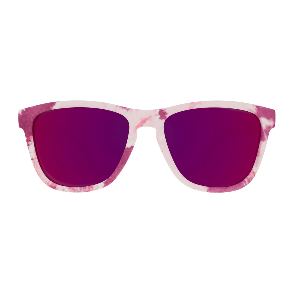 Front view of tonal purple tie-dye sunglasses in a classic frame shape with rose reflective lenses.