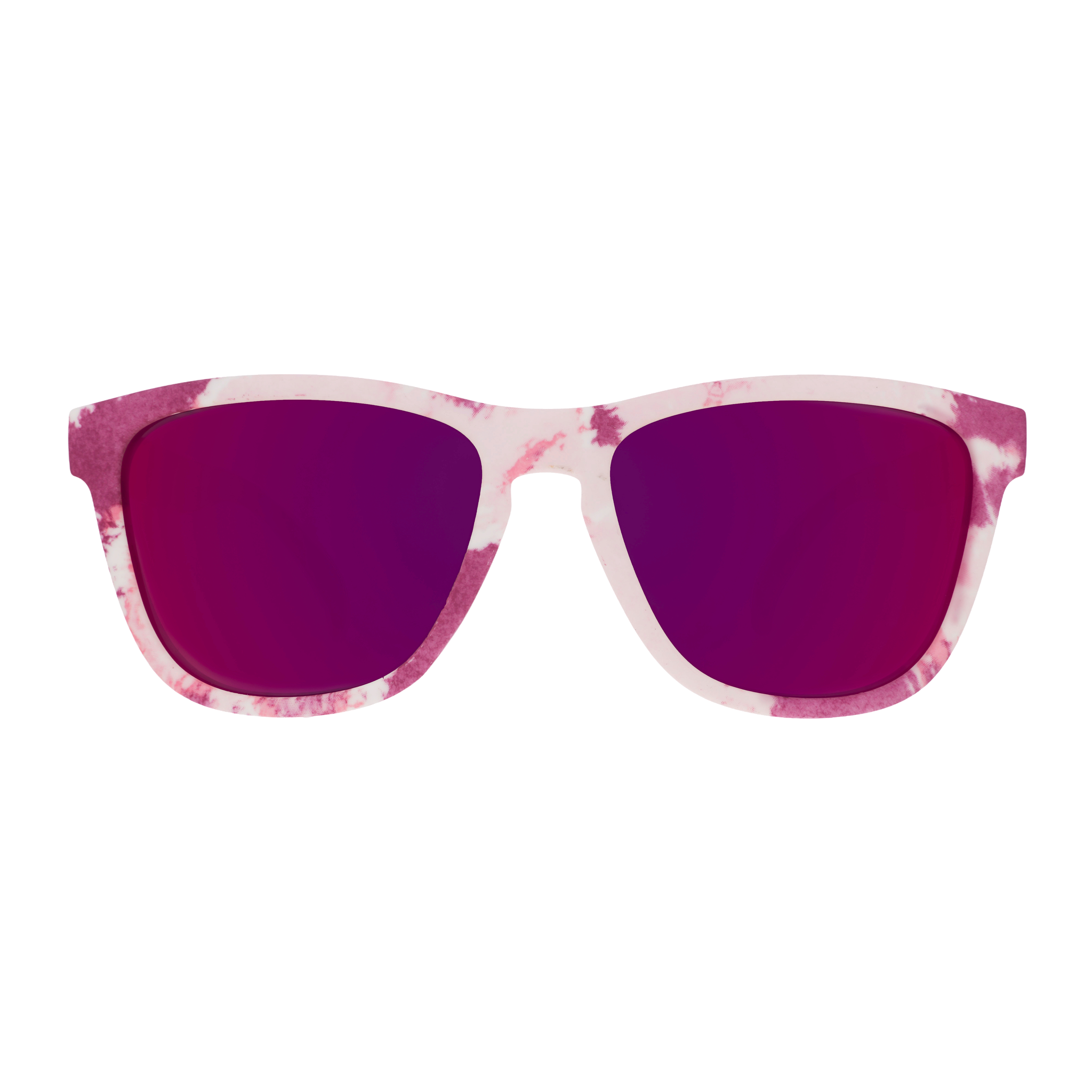 Front view of tonal purple tie-dye sunglasses in a classic frame shape with rose reflective lenses.