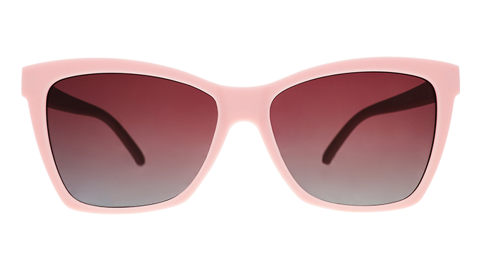 A pair of cat-eye sunglasses with light pink frames and rosy lenses.