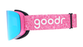 Side view of pink & blue snow goggles with blue reflective lens & pink strap with goodr logo over outlined tropical print.