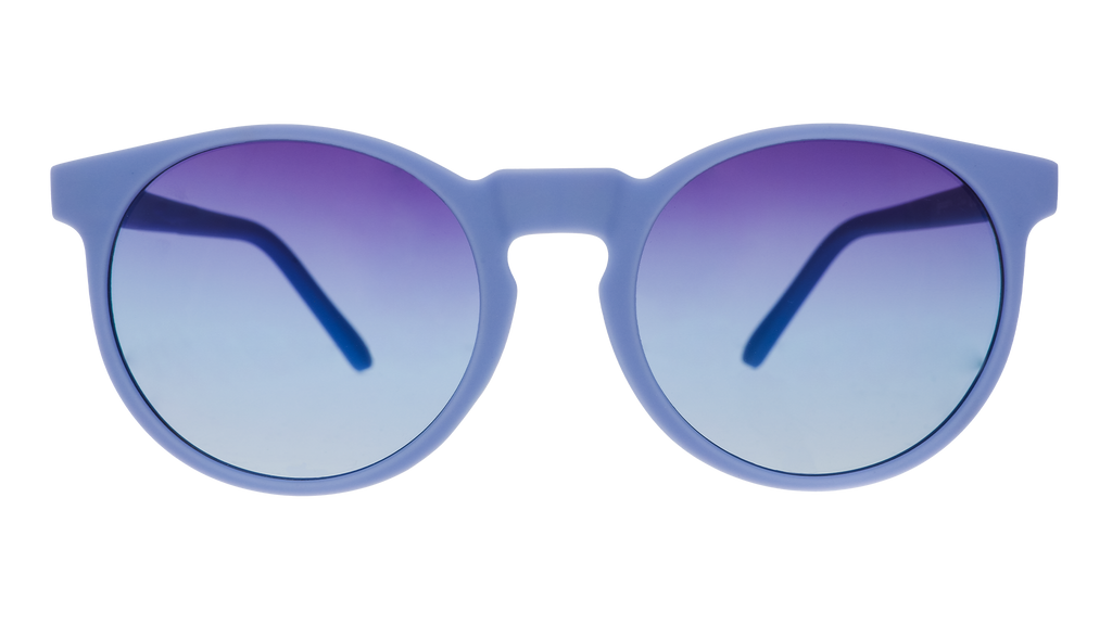 Front view of light blue circular sunglasses with dark blue gradient lenses.