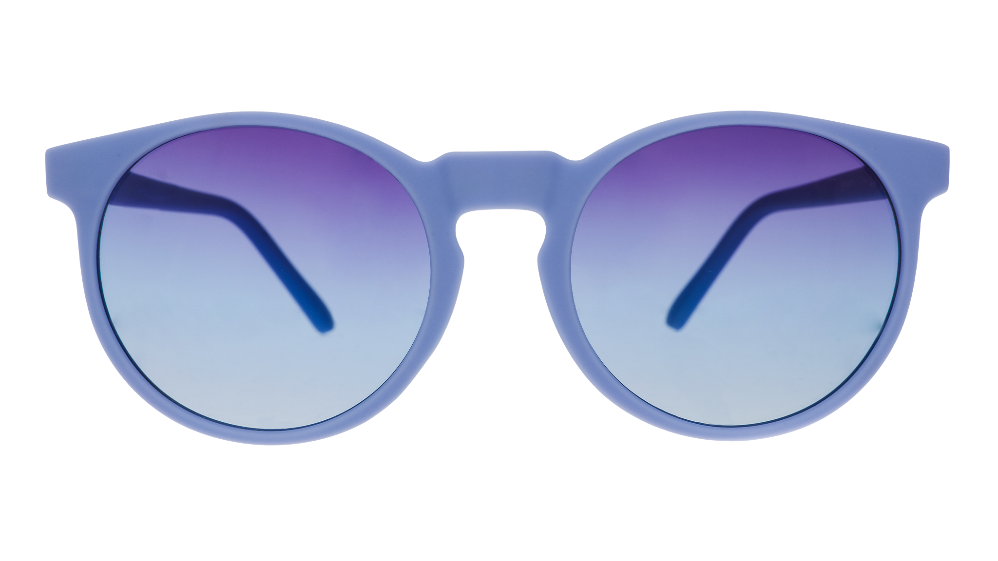 Front view of light blue circular sunglasses with dark blue gradient lenses.