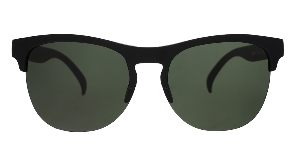 Front view of stylish matte black half-rim sunglasses with dark green non-reflective lenses.