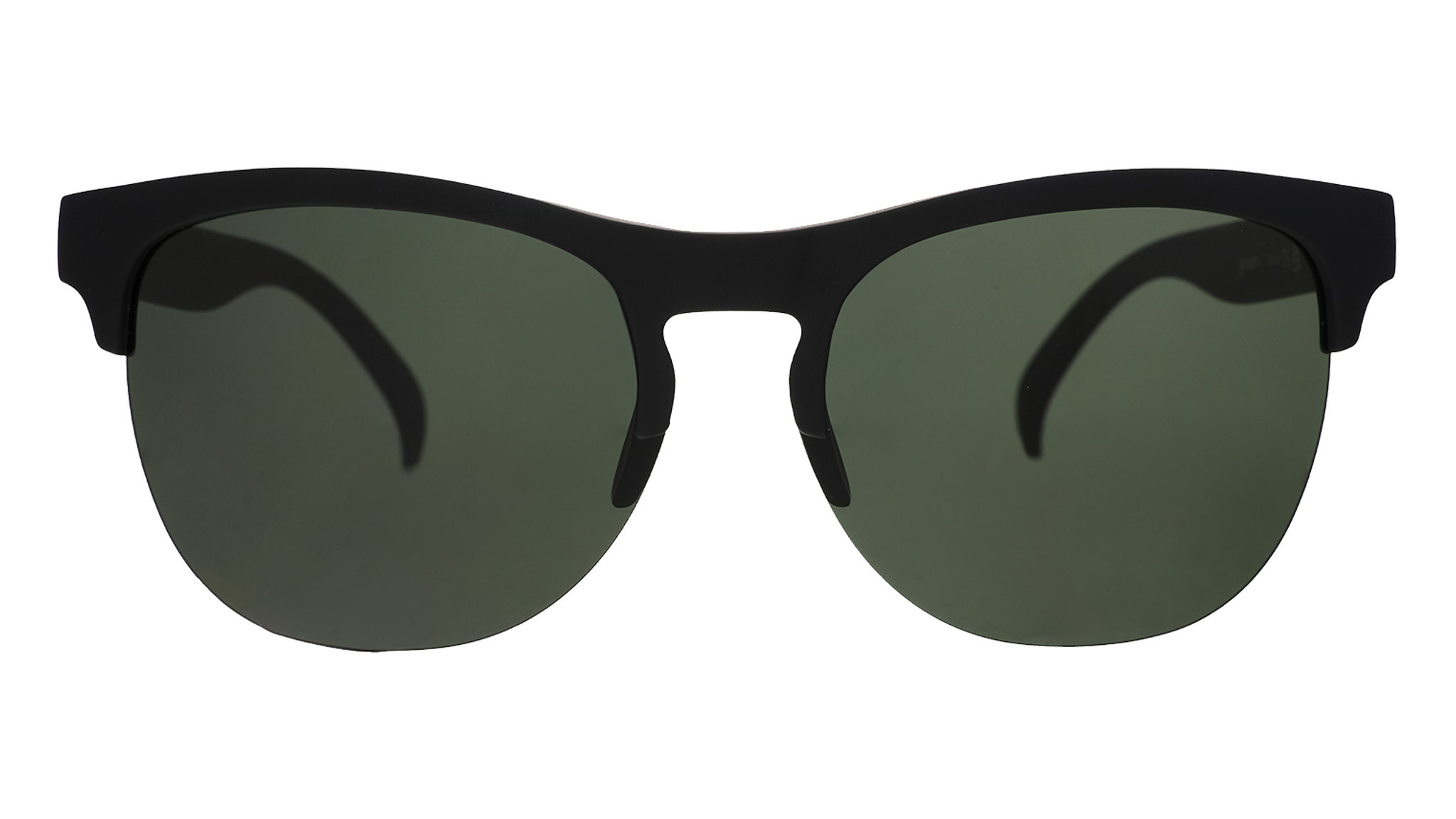 Front view of stylish matte black half-rim sunglasses with dark green non-reflective lenses.