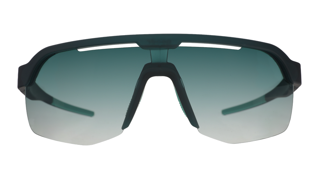 Front view of dark teal Bolt Gs with green gradient lenses.