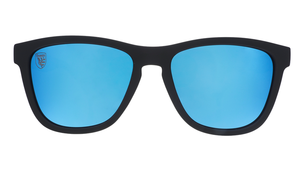 Front view of Major League Soccer San Jose Earthquakes shades. Black front frame. Blue reflective lenses.