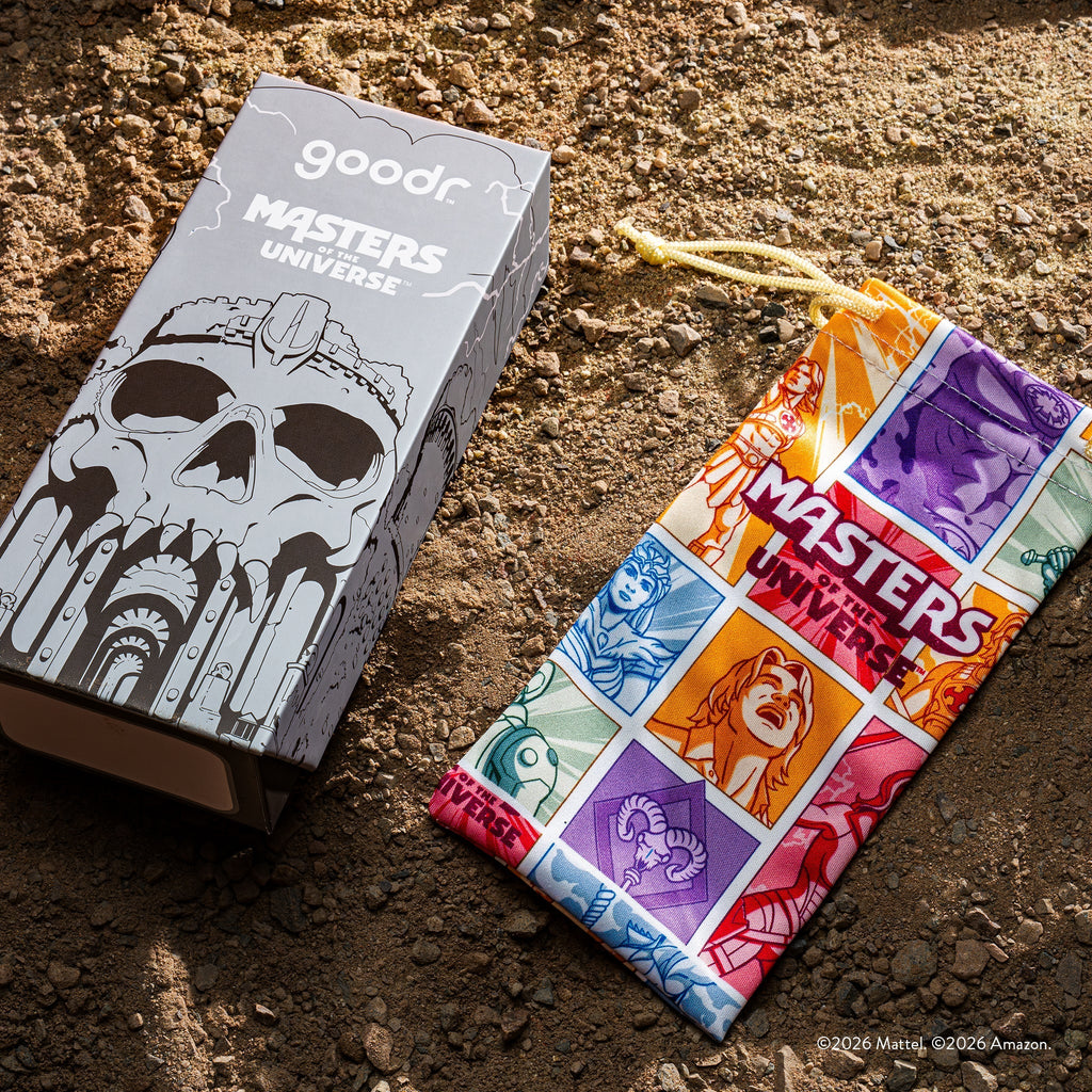 Custom Masters of the Universe packaging and sunglasses pouch featuring iconic characters.