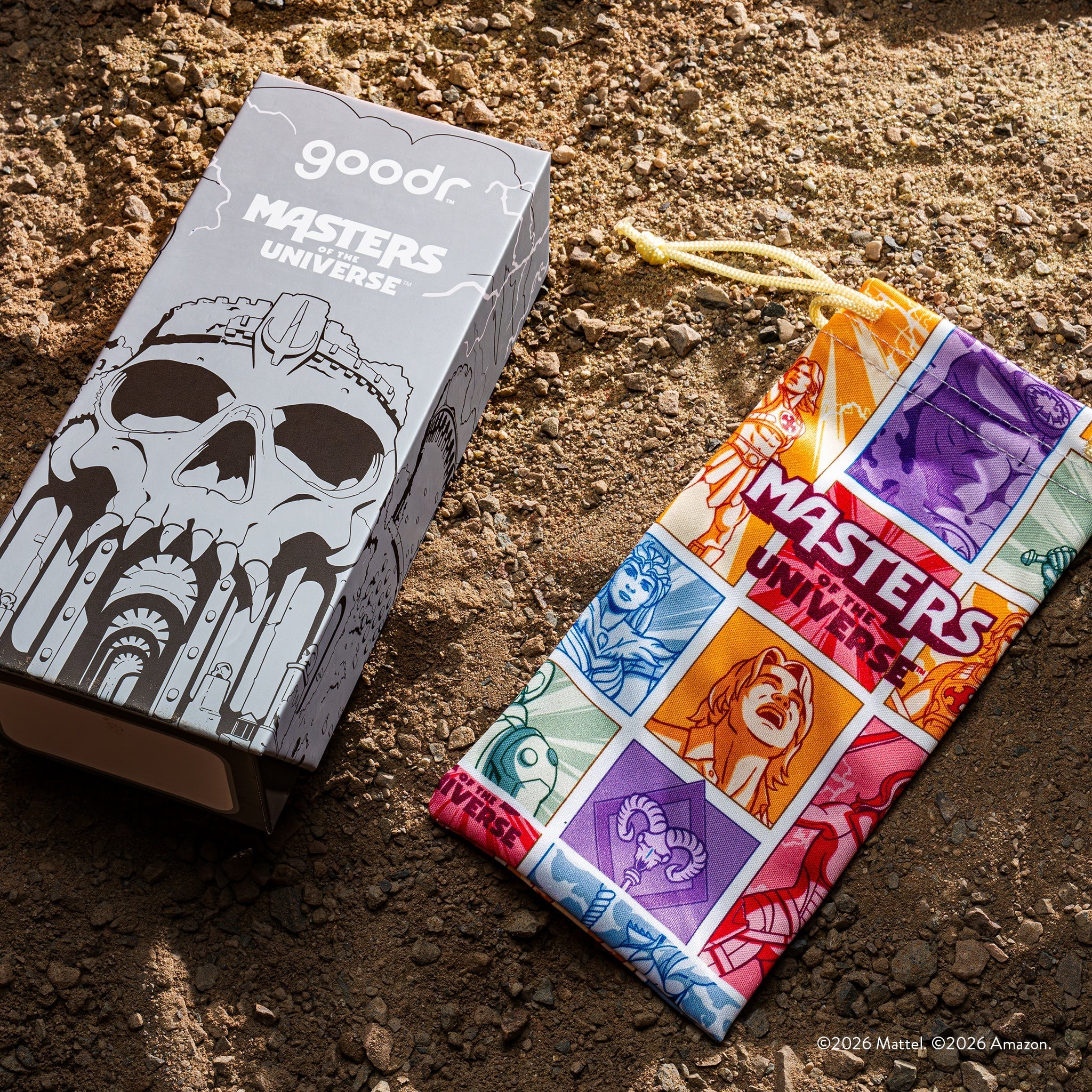 Custom Masters of the Universe packaging and sunglasses pouch featuring iconic characters.