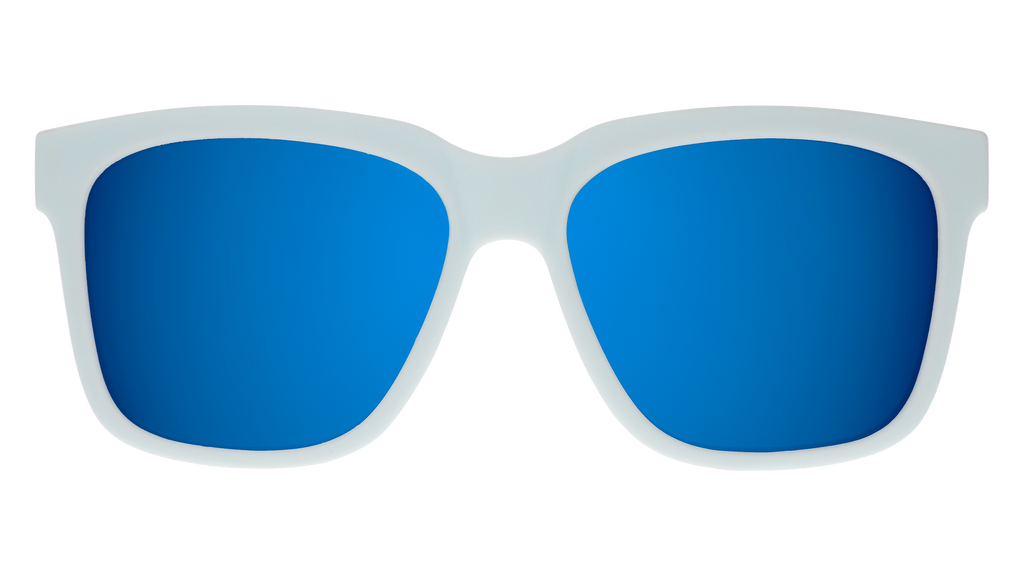 Front view of light blue sunglasses with blue lenses designed to float in water.