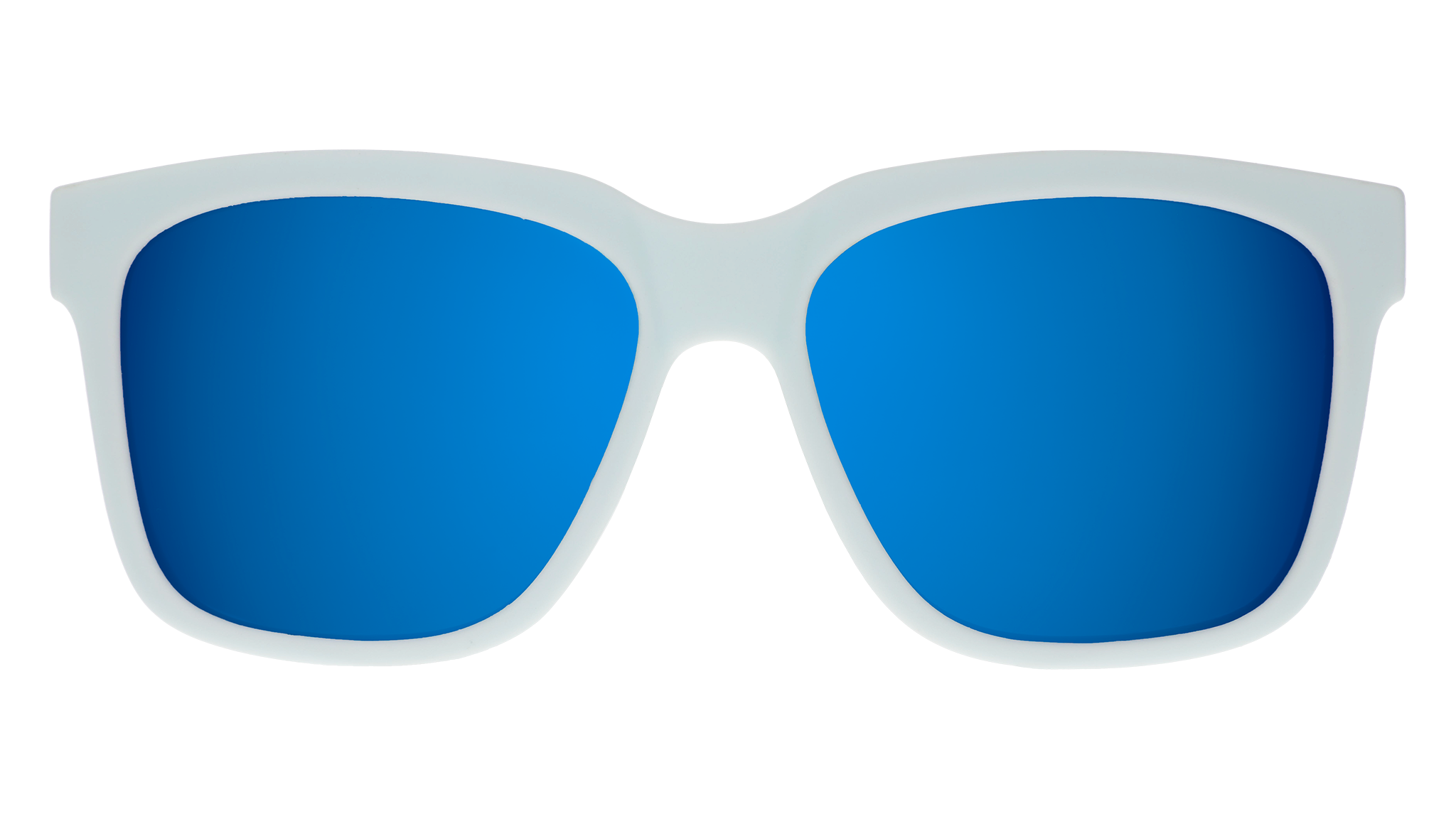 Front view of light blue sunglasses with blue lenses designed to float in water.