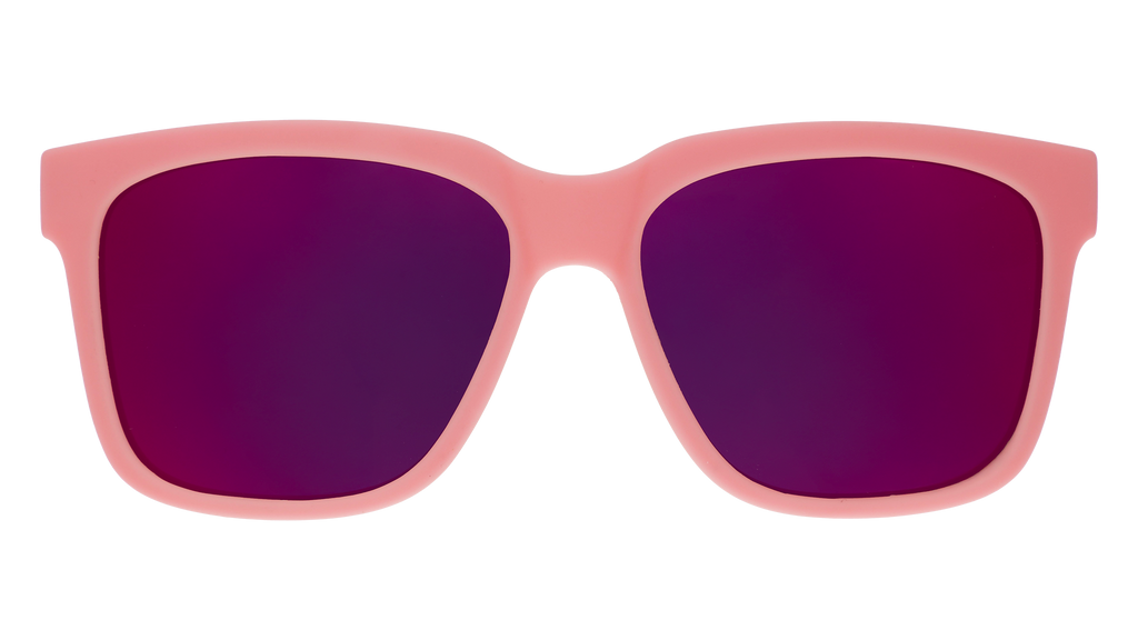 Front view of pink sunglasses with pink-purple lenses designed to float in water.