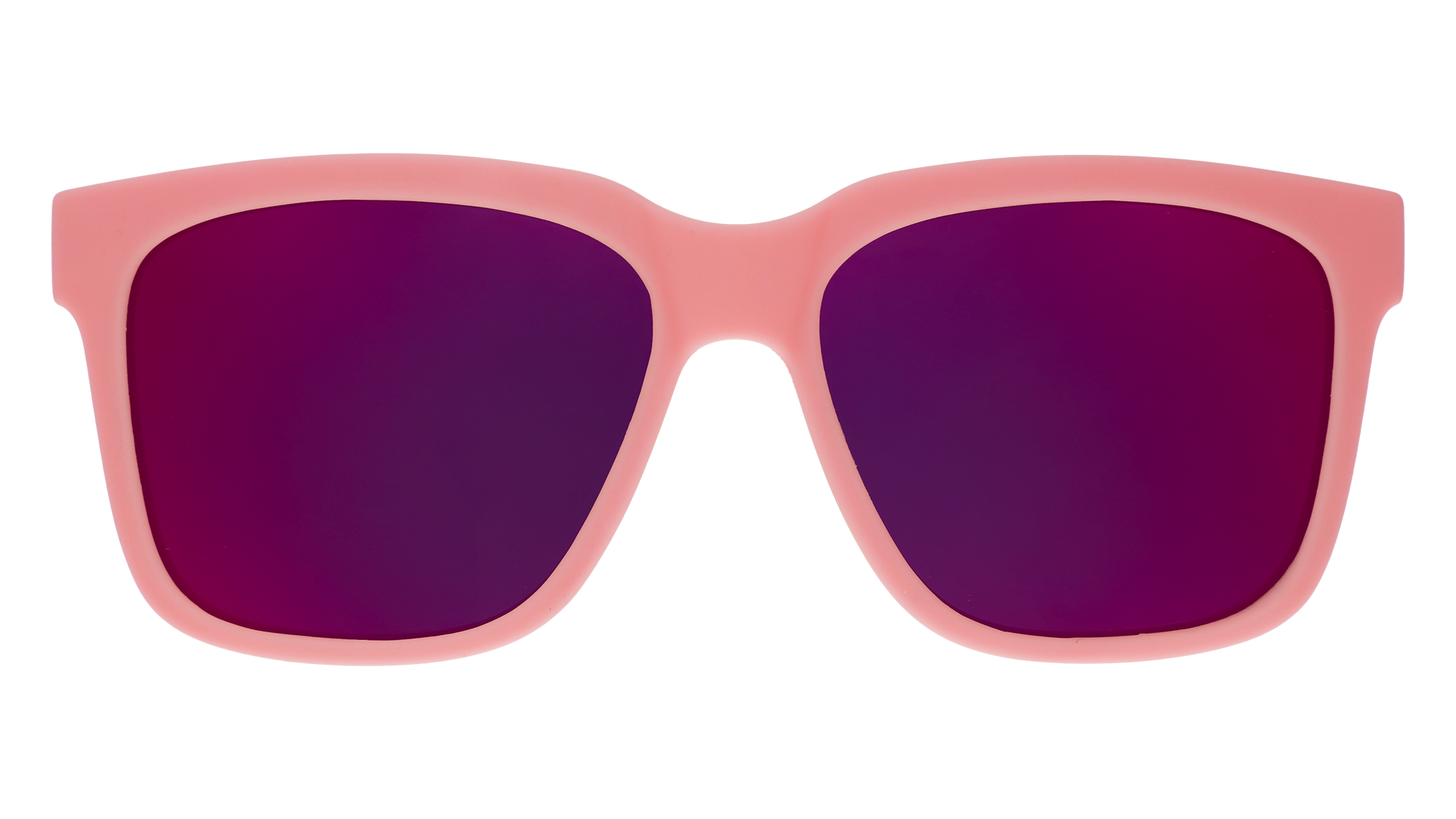 Front view of pink sunglasses with pink-purple lenses designed to float in water.