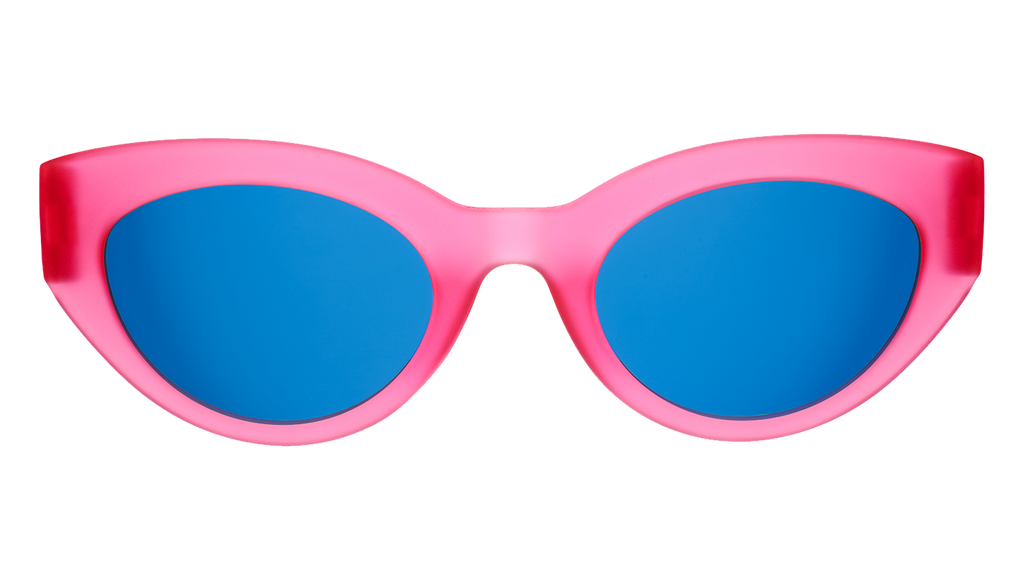 Straight-on view of a pair of translucent hot pink modern cat-eye frames with dazzling blue reflective lenses.