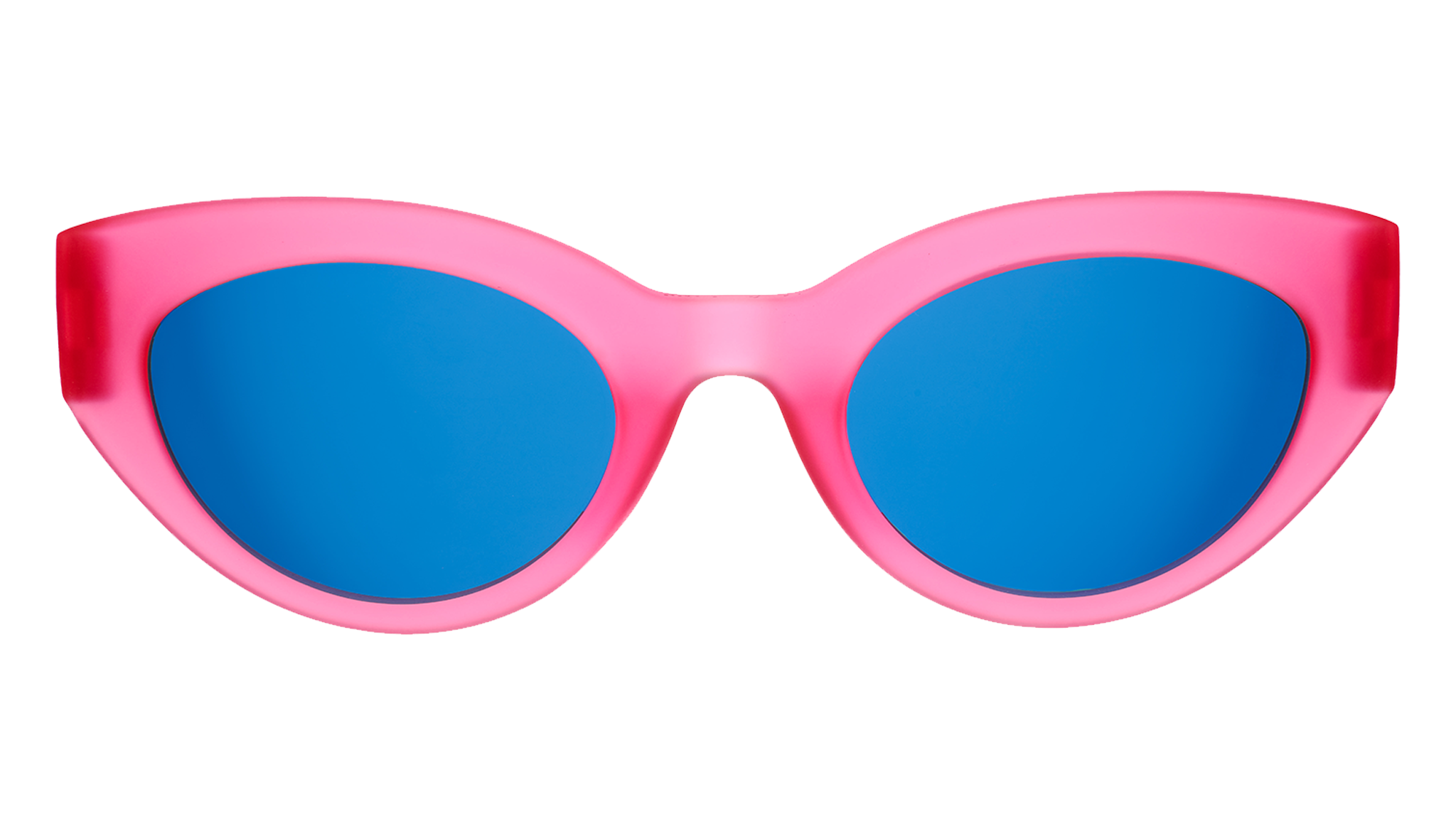 Straight-on view of a pair of translucent hot pink modern cat-eye frames with dazzling blue reflective lenses.