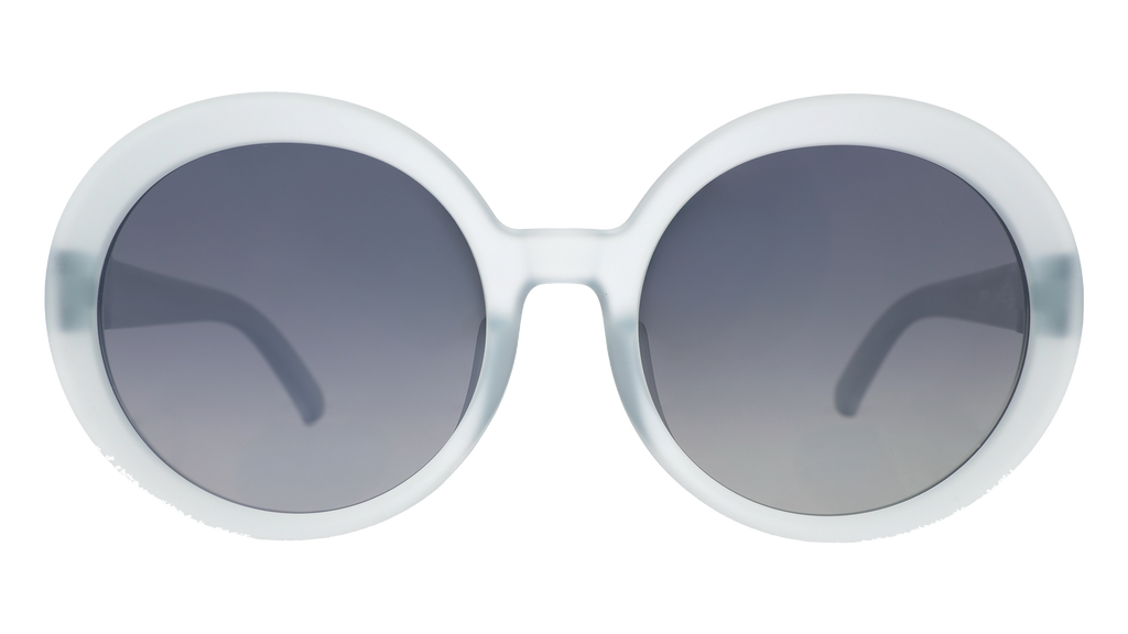 Front view of oversized round sunglasses with translucent blue frames and silver reflective gradient lenses against a white background.