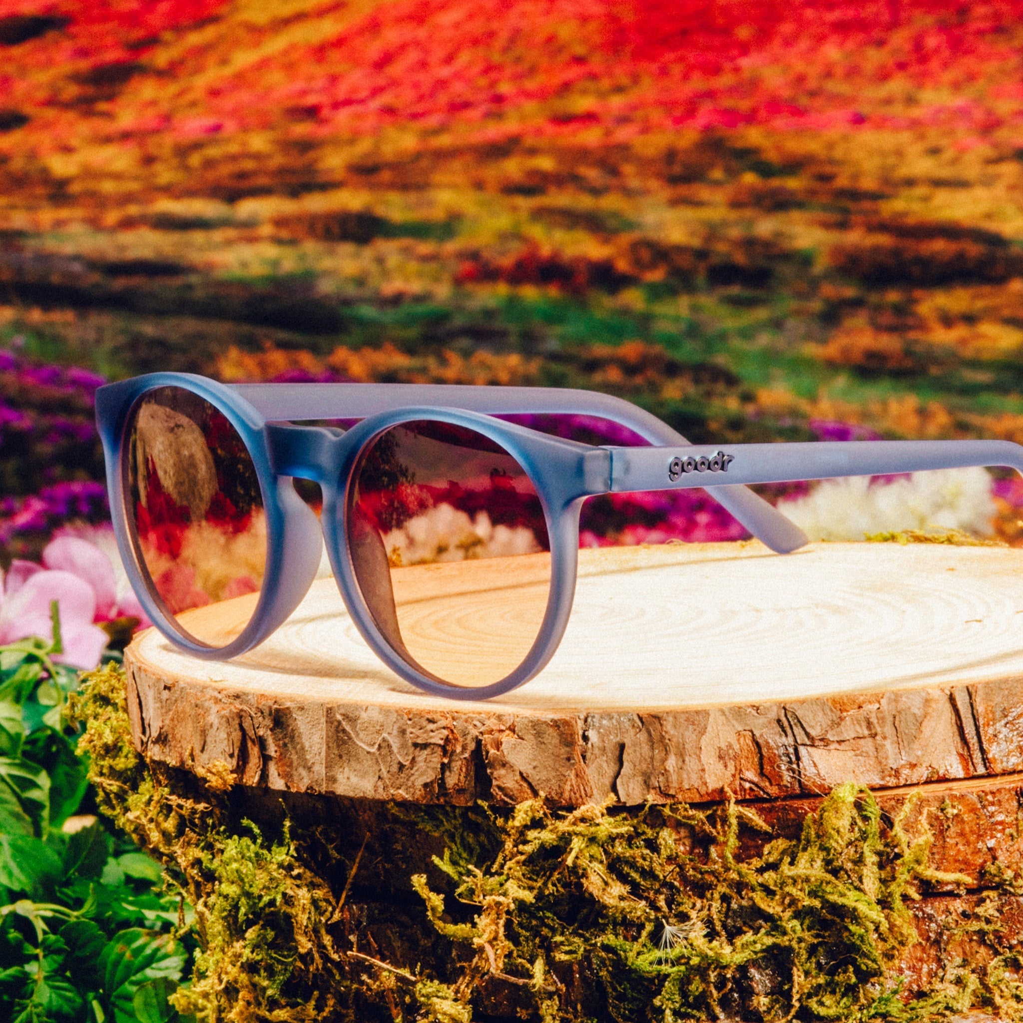 Three-quarter angle view of dark blue circular sunglasses with purple-yellow ocean lenses in front of a meadow backdrop.