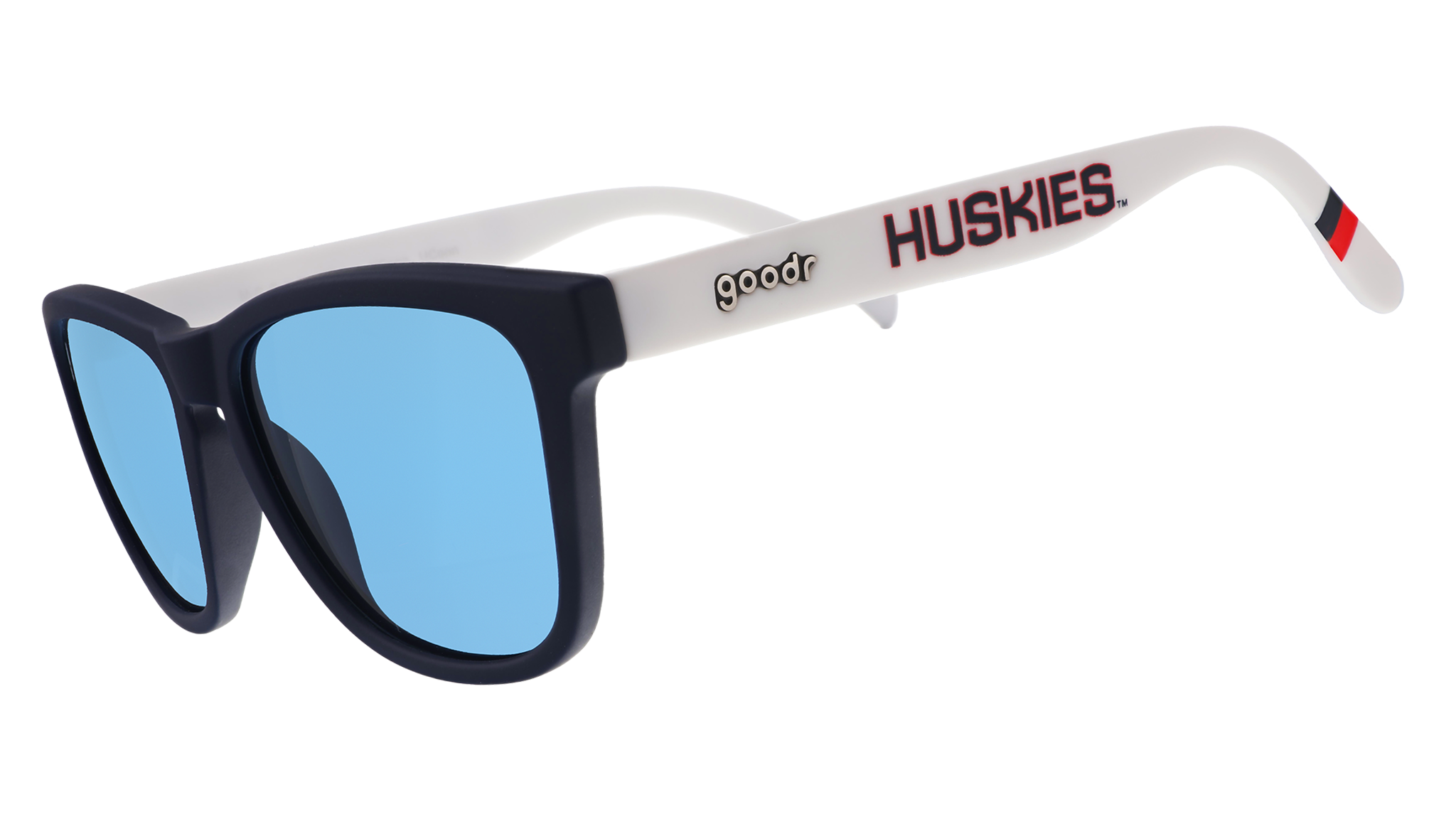 Three-quarter angle view of navy blue and white sunglasses with the Huskies logo and blue lenses.