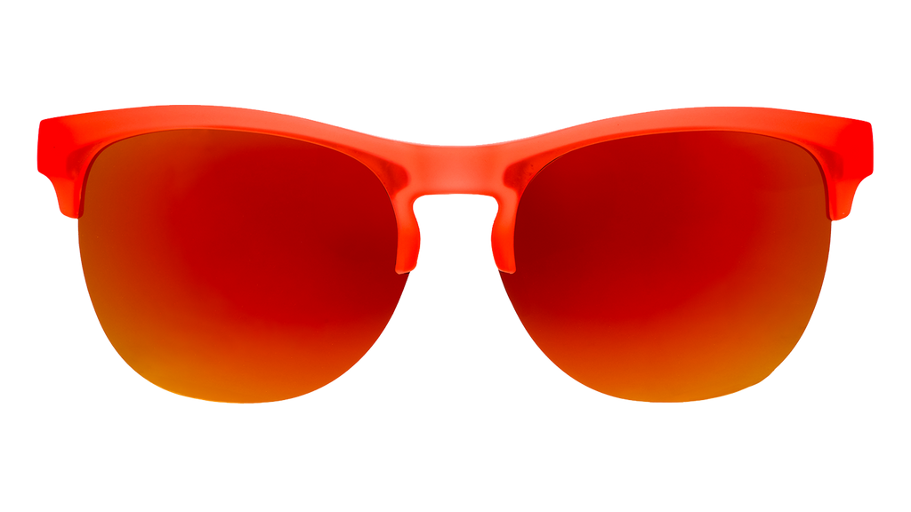 Front view of red-orange half-rim sunglasses with vibrant red-orange reflective polarized lenses.