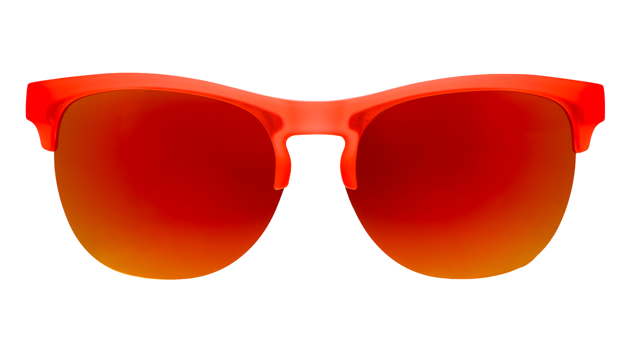 Front view of red-orange half-rim sunglasses with vibrant red-orange reflective polarized lenses.