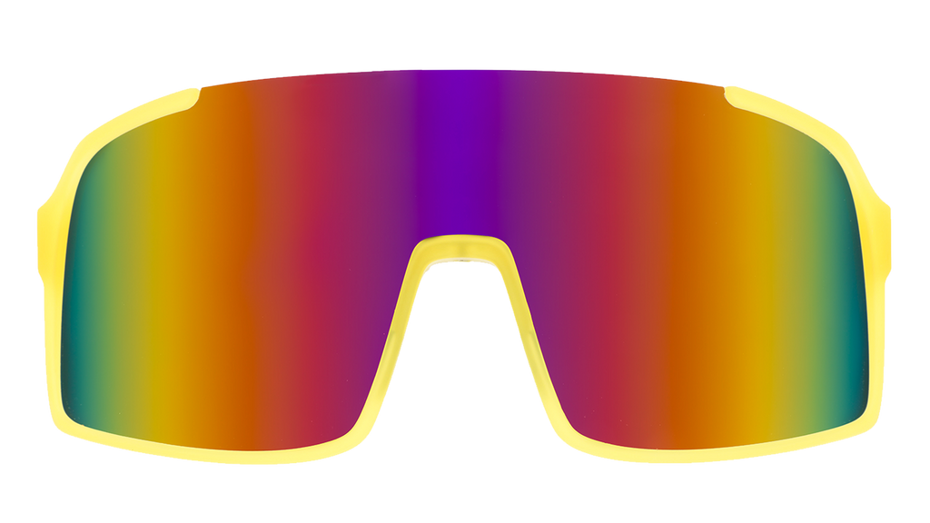 Front view of yellow wrap sunglasses with red reflective lenses.