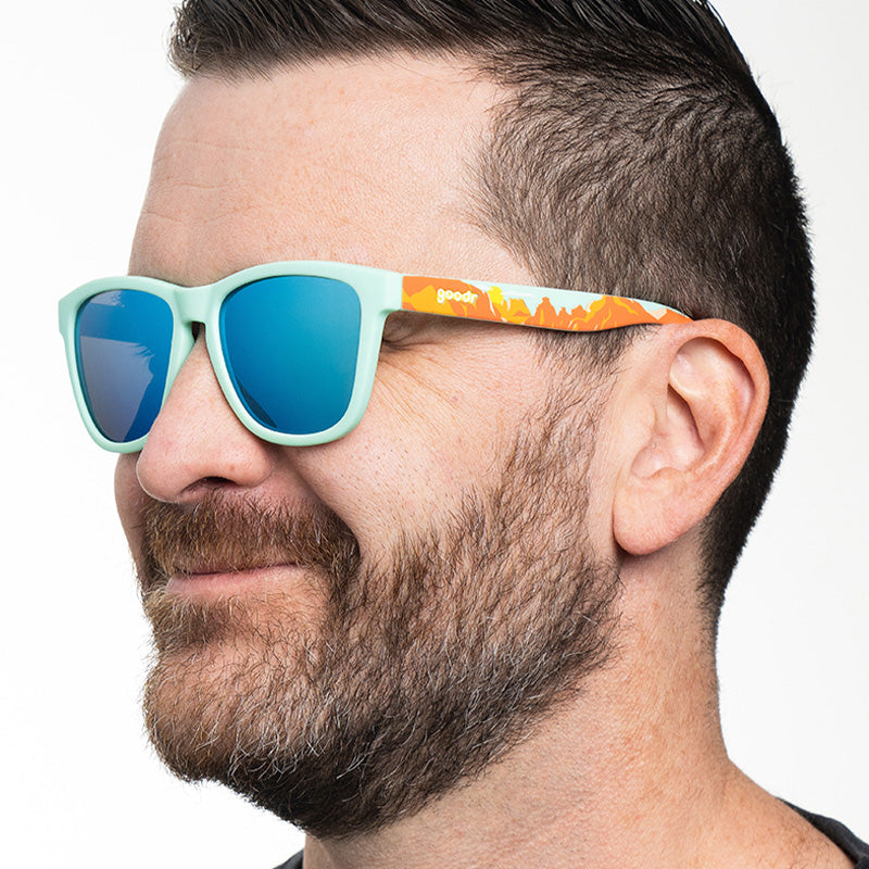 Zion National Park| Blue with orange canyon print frames | National Parks Foundation charity sunglasses | goodr OG sunglasses