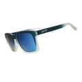 Angled view of translucent black & teal sunglasses w/ blue reflective lenses & a classic square silhouette tilted down.