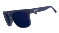 Three-quarter angle view of dark blue sunglasses with dark blue lenses designed to float in water.