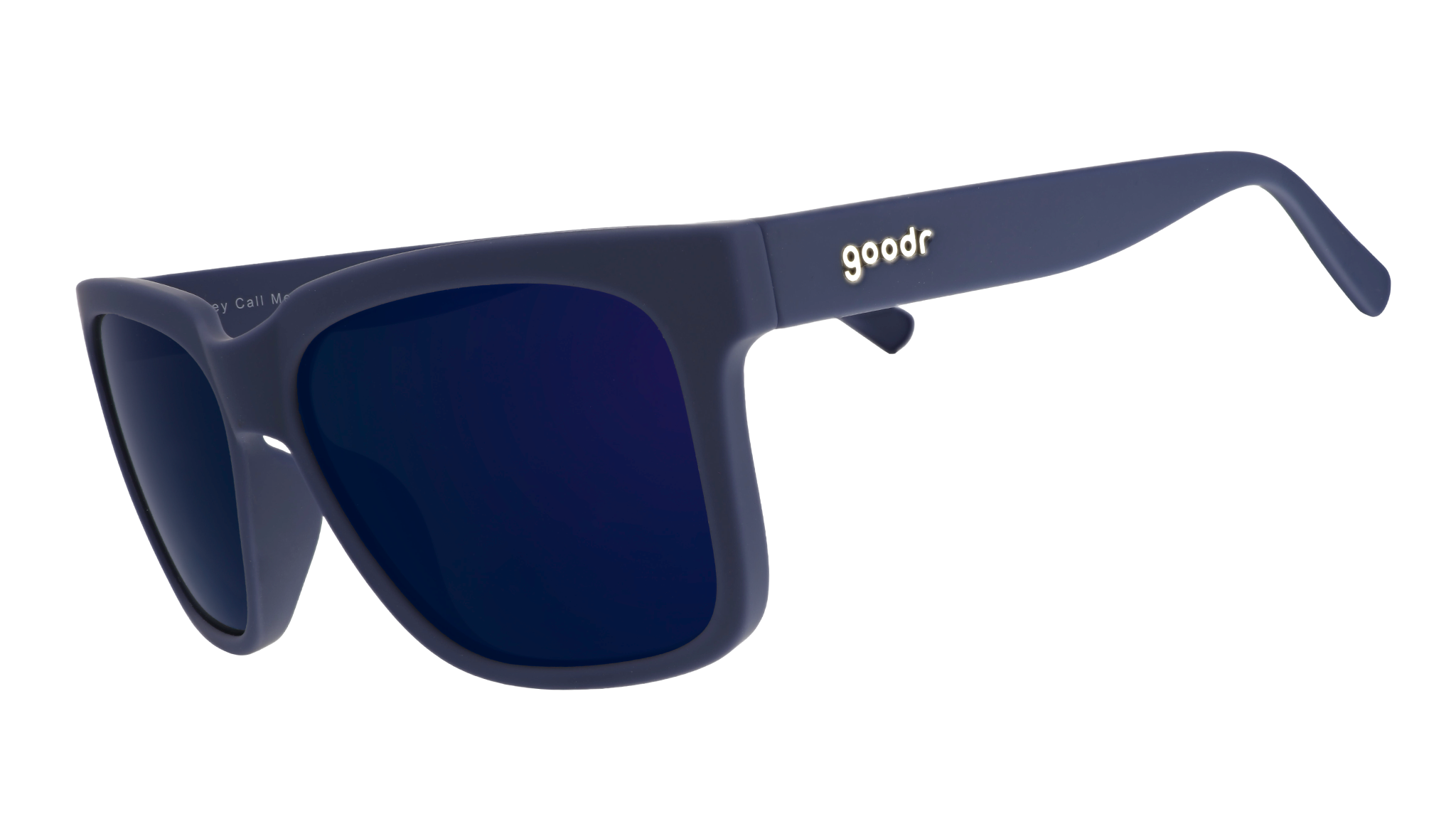 Three-quarter angle view of dark blue sunglasses with dark blue lenses designed to float in water.