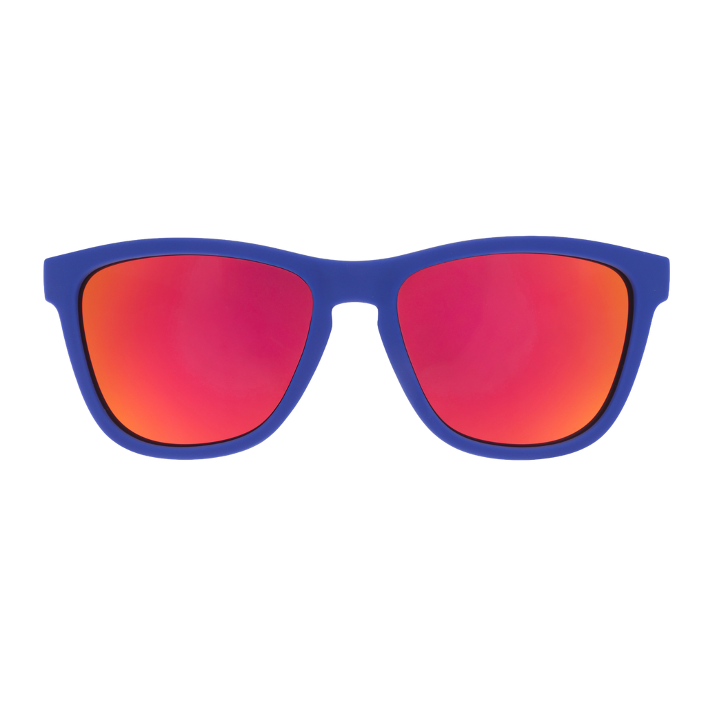 Front view of blue sunglasses with amber reflective lenses.