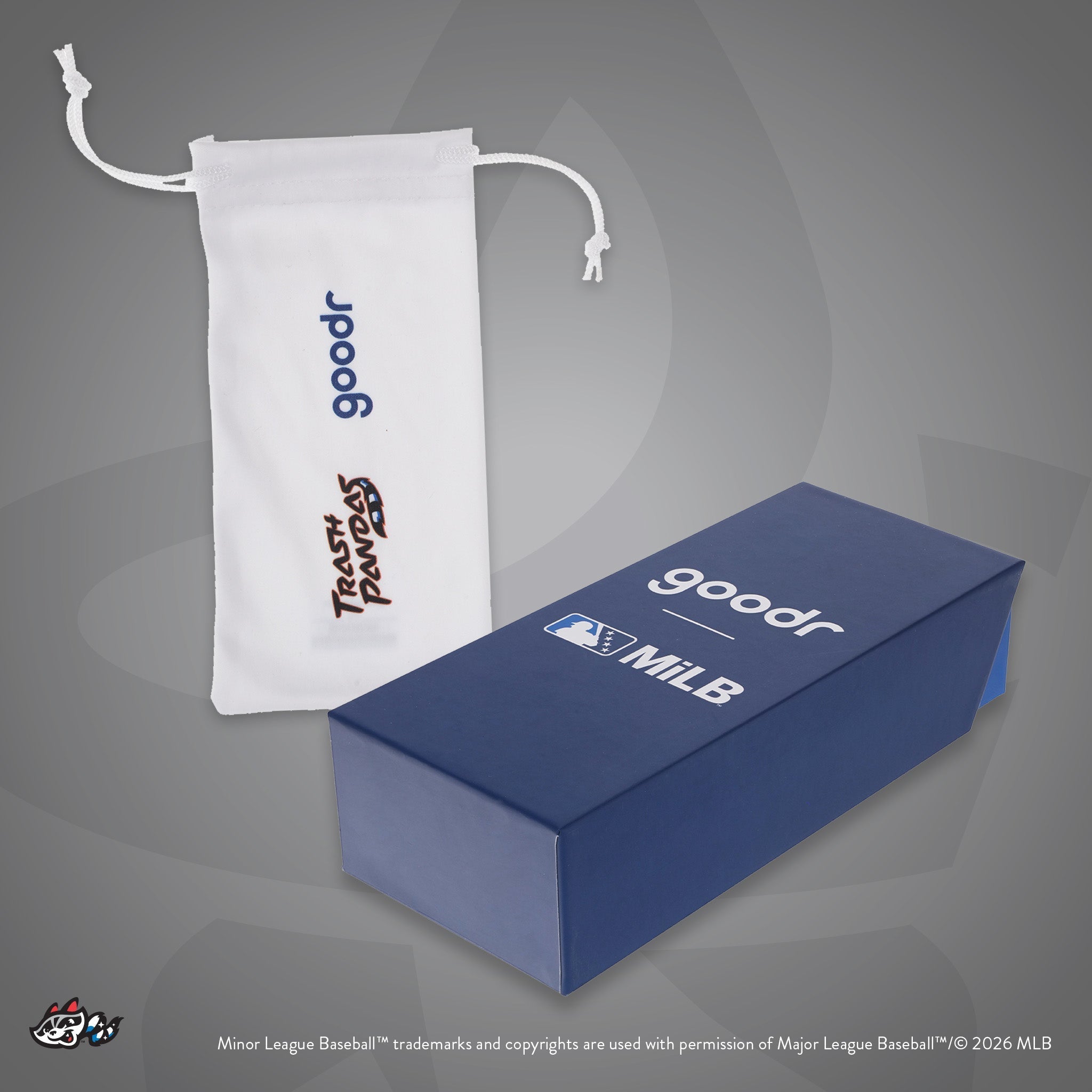 Front view of custom Minor League Baseball-themed packaging with a patterned microfiber bag and box.