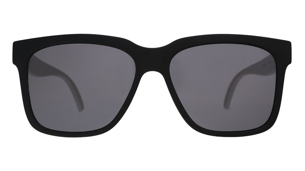 Front view of black square sunglasses with black lenses.