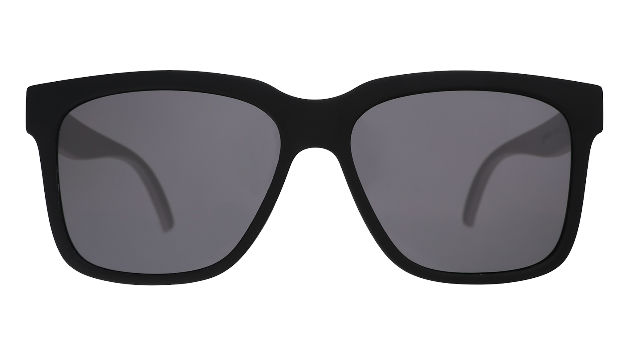 Front view of black square sunglasses with black lenses.
