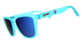 Turquoise sunglasses with blue lenses on a white background