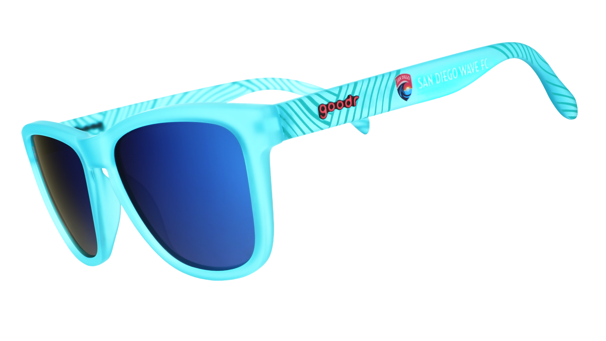 Turquoise sunglasses with blue lenses on a white background