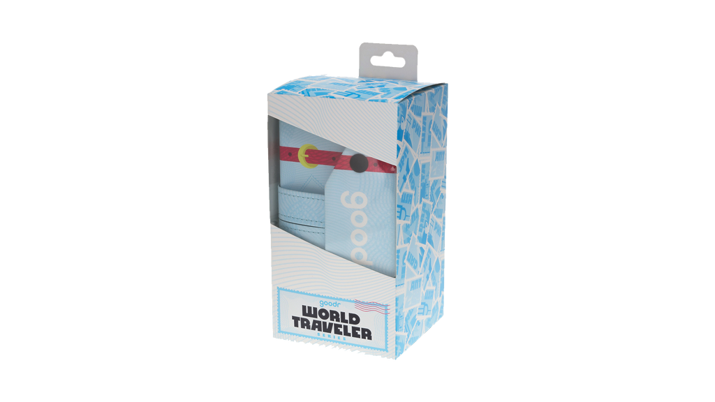 Blue suitcase-inspired sunglasses storage case with pink straps, snap closures, and top handle.