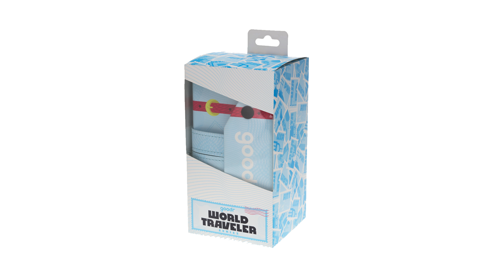 Blue suitcase-inspired sunglasses storage case with pink straps, snap closures, and top handle.
