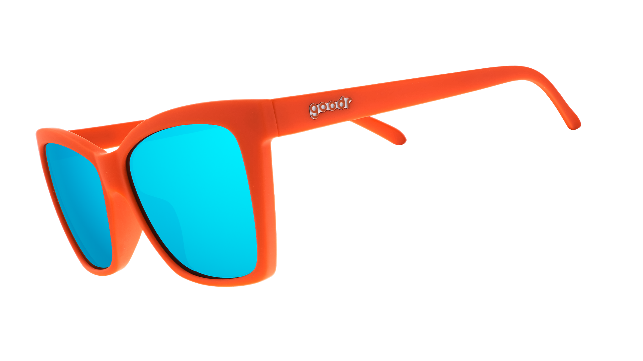Three-quarter angle view of red angular sunglasses with blue reflective lenses.